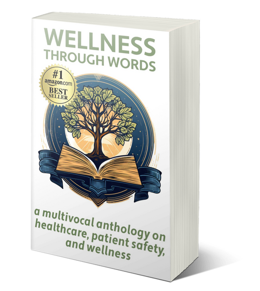 Book titled 'Wellness Through Words' with a tree illustration on the cover