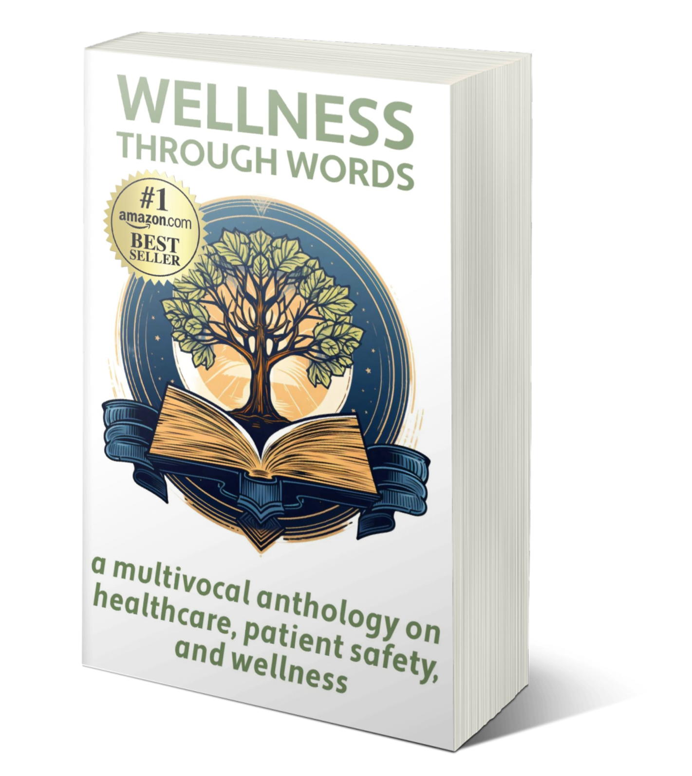 Book titled 'Wellness Through Words' with a tree illustration on the cover